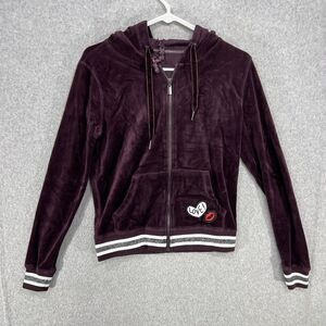 Betsey Johnson Velour Hoodie Track Jacket Wmns S Wine Purple Full Zip Heart Lips